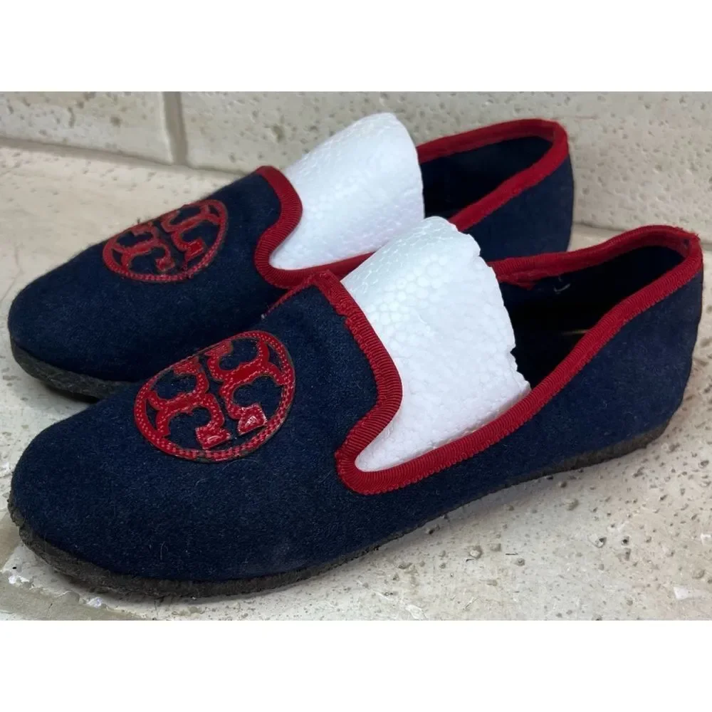 TORY BURCH Navy Blue Billy Logo Wool felt slippers Slip on Loafers Women's Sz 5